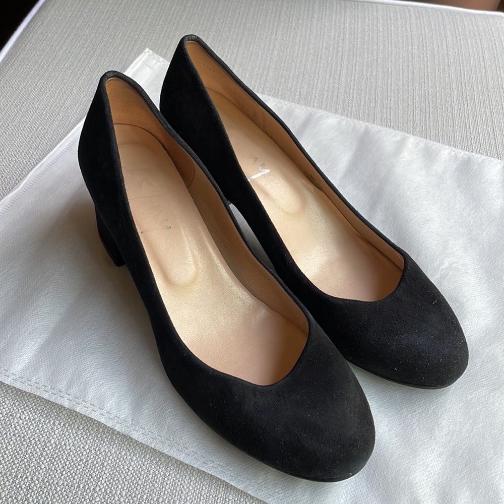 FSNY French Sole NY Women's black Suede Block Trance Heels - size 7.5